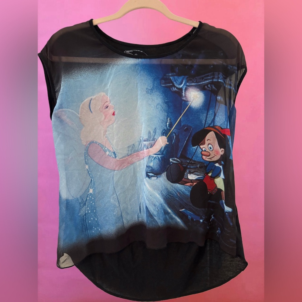 Disney Hot Topic Pinocchio Black Sheer Graphic Loose Fit Babydoll Tee - Medium